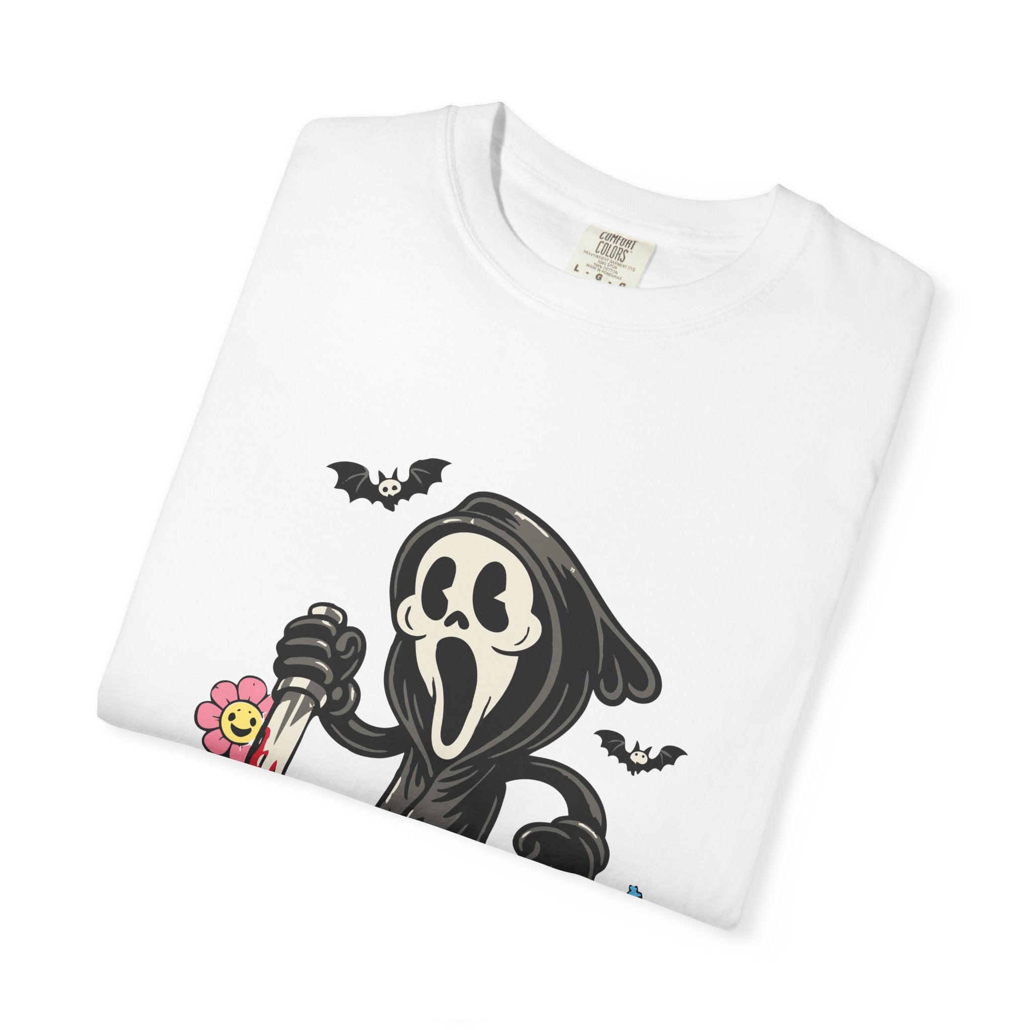 Ghost Mask Character T-Shirt — Cute Creepy Horror Tee with Flowers