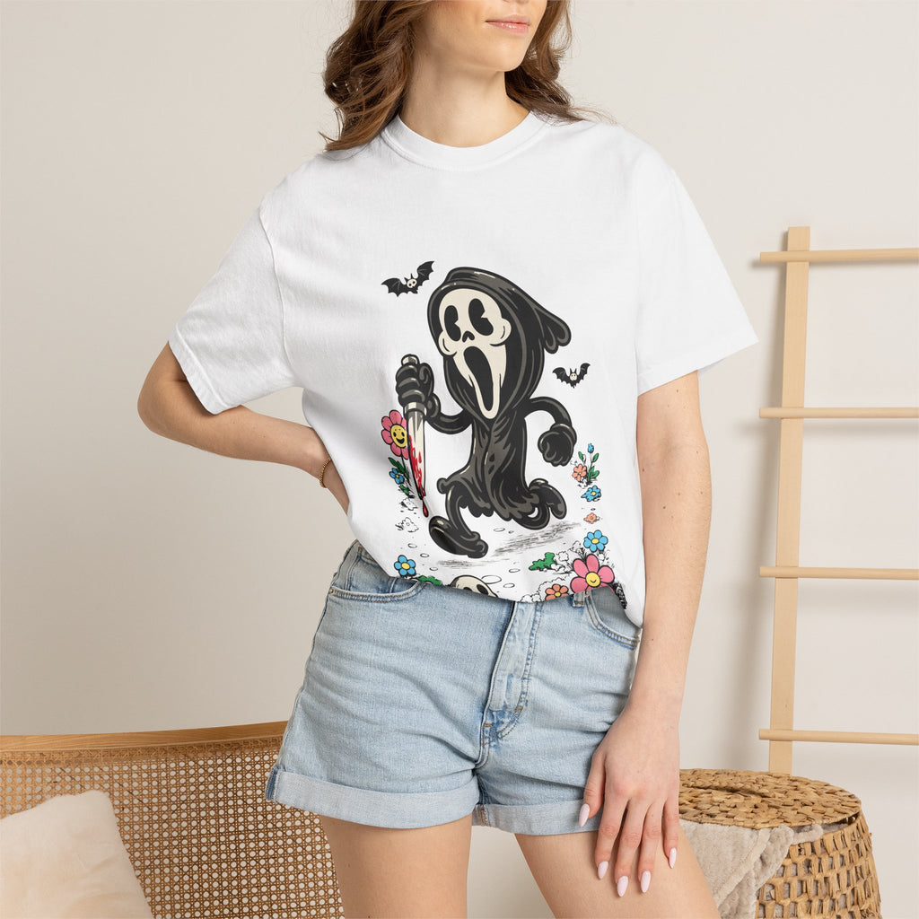 Ghost Mask Character T-Shirt — Cute Creepy Horror Tee with Flowers