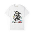 Ghost Mask Character T-Shirt — Cute Creepy Horror Tee with Flowers