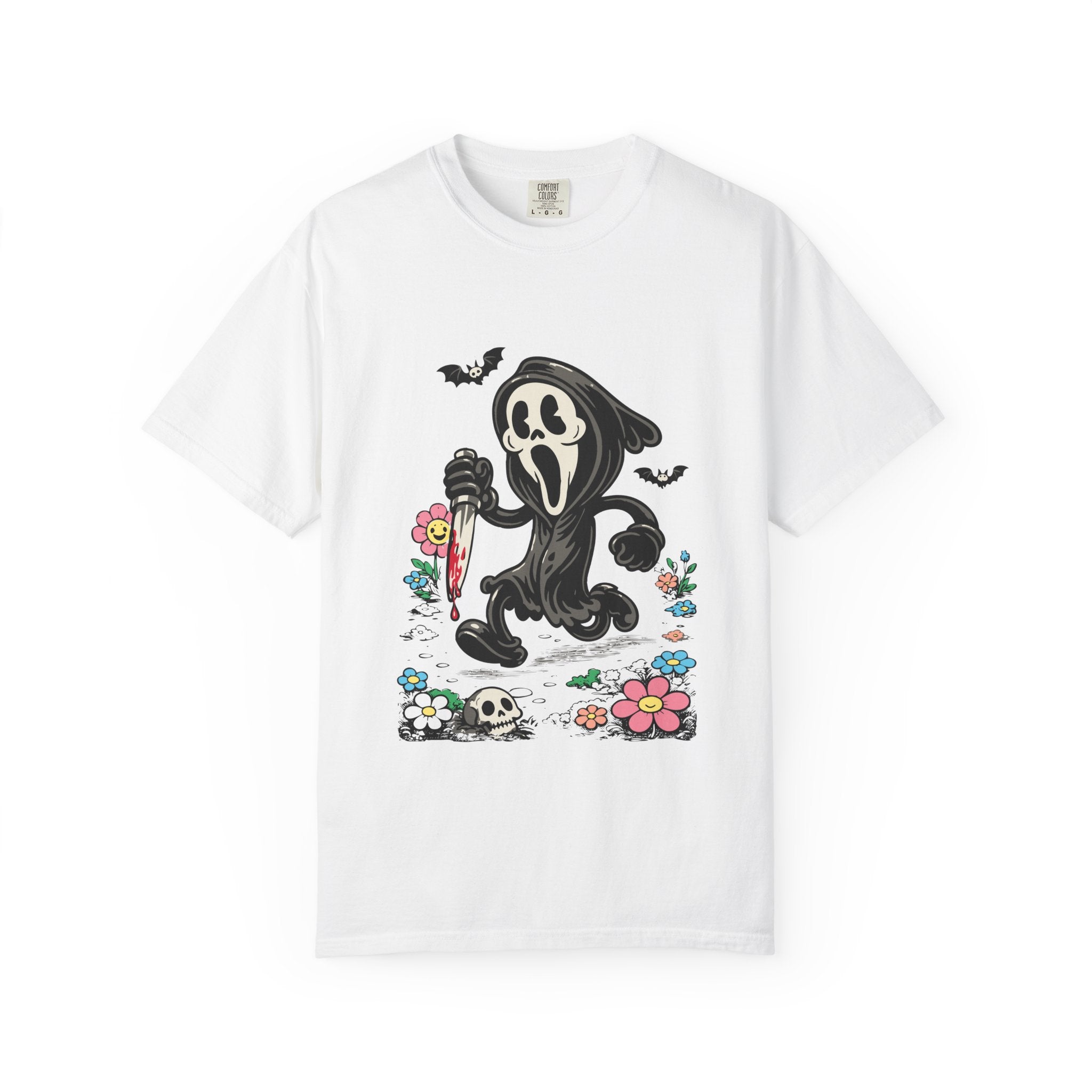 Ghost Mask Character T-Shirt — Cute Creepy Horror Tee with Flowers